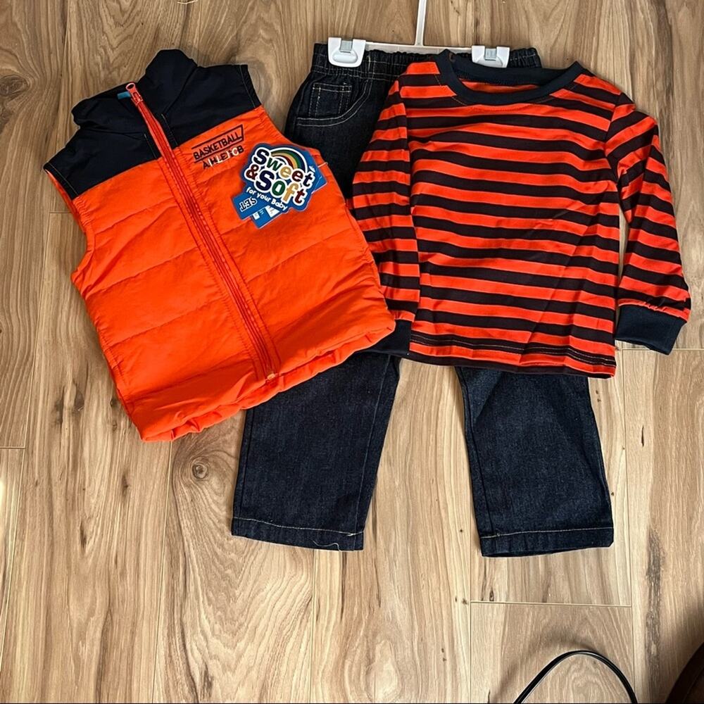 NWT Sweet & Soft Boy’s 3 Piece Basketball Set (Orange Vest, Shirt, & Jeans) 24M